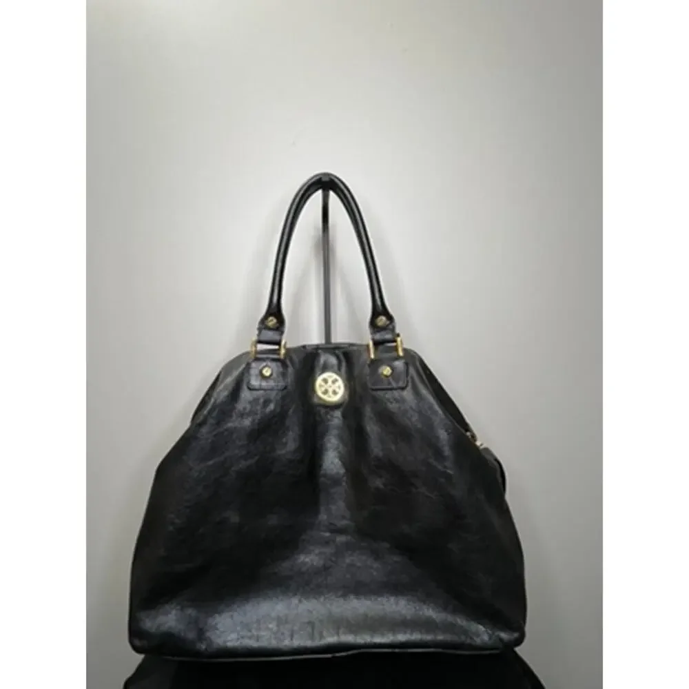 Tory Burch Black Pebbled Leather Large Slouch Tote Satchel Shoulder Bag